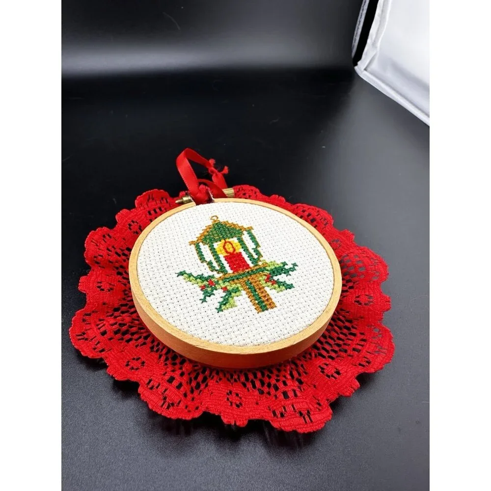 Completed Candle Cross Stitch Embroidery Christmas Ornament Hoop‎ Red Lace